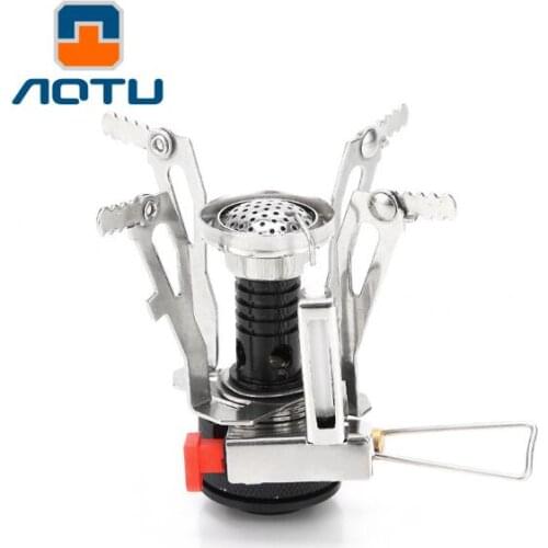 AOTU Portable Mini Ultralight Camping Folding Stove Head Lighter Aluminum Alloy Base One-piece Gas Stove outdoor picnic travel