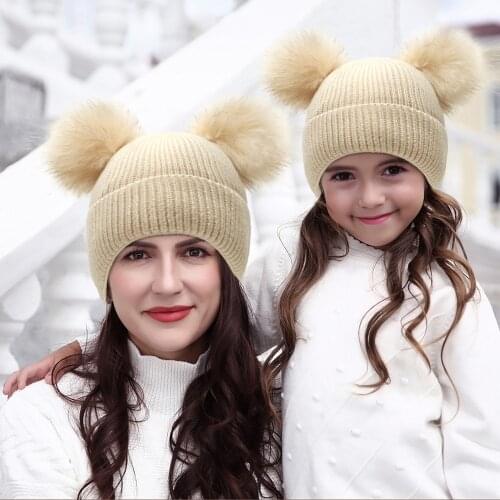 Pom Pom Mother Kids Hats Caps Fleece Lining Winter Baby Hat for Girls Boys Knitted Baby Bonnet Kids Beanie Cap for Children