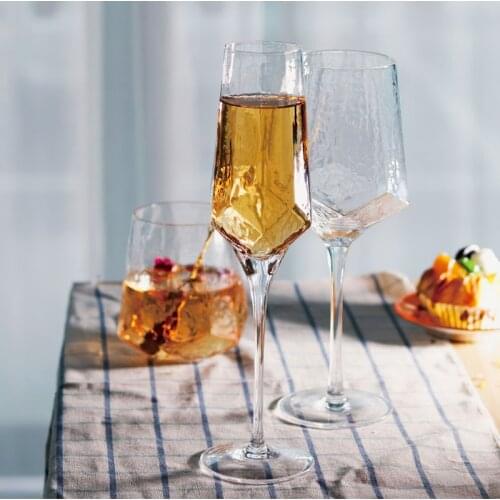 Glass Goblet 550ML Rainbow Water Ripples Diamond Shaped Transparent Tall Feet Wine Cup Water Ware Home Kitchen Bar Decoration