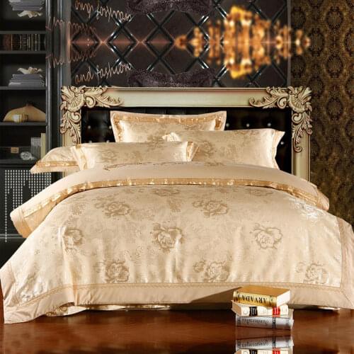 Comfy Bedding Froral Jacquard Satin and cotton King Queen size 4-pieces Bedding Set Luxury, Gray Golden Bedsheet/Fitted shet set