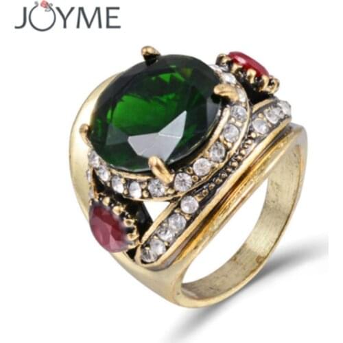 Wedding Rings Vintage Jewelry Austria Green Big Crystal Stone Ring For Women Men Antique Gold Statement Ring Brand Bijuterias