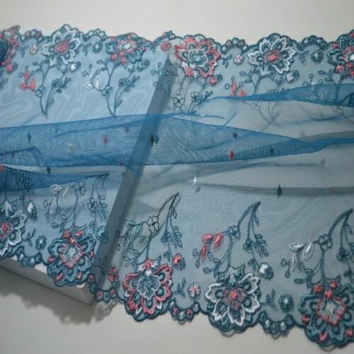 4Meters Lake Blue Embroidered Flower Trim Mesh Tulle Two Sides Ribbon Underwear Clothing Dress Sew DIY 33cm Width Fabric