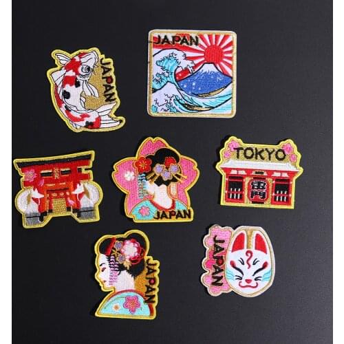 Japaneses Geisha Embroidered Patches For Clothing Japanese Female Dancer DIY Mask Cat Mount Fuji Fish Decoration