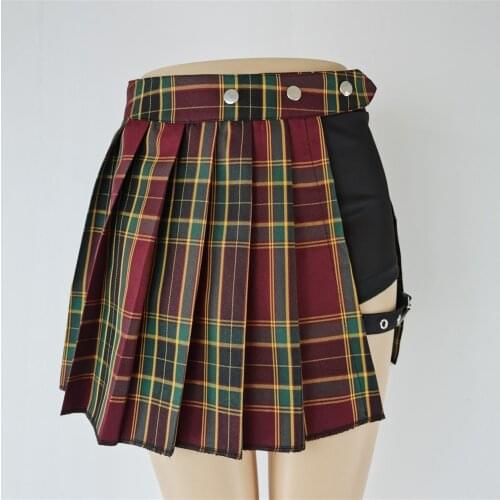 Women Plaid Pleated Sexy Skirt High Waist Patchwork Mini Skirt Streetwear Buckle Female Goth Skirt Gothic Punk Skirts