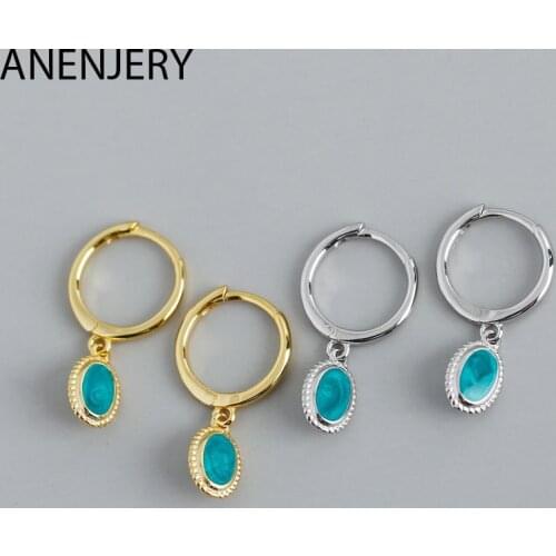 ANENJERY 925 Sterling Silver Starry Green Stone Pendant Hoop Earrings For Women Elegant Retro French Hot Selling Jewelry