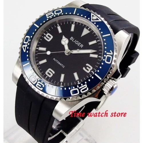 Bliger 40mm MIYOTA mechanical automatic watch men waterproof rubber strap black dial sapphire luminous ceramic bezel 209