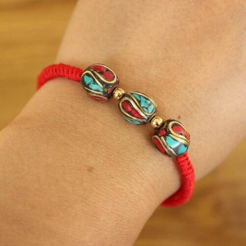 BR464 Ethnic Tibetan Handmade Red Rope Chain Women Bracelet Nepal Beded Bracelet Adjustable