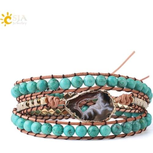 CSJA Natural Mala Beads Turquoises Bracelet Agates Slice Geode Charms Boho Gems Stone Wrap BraceletsJewellery for Women S225
