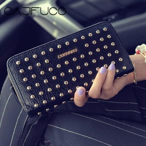 CAJIFUCO Gold Round Rivet Long Zipper Wallet Women Lichee Style PU Leather Wallet Luxury Studded Wallet Phone Case Coin Purse