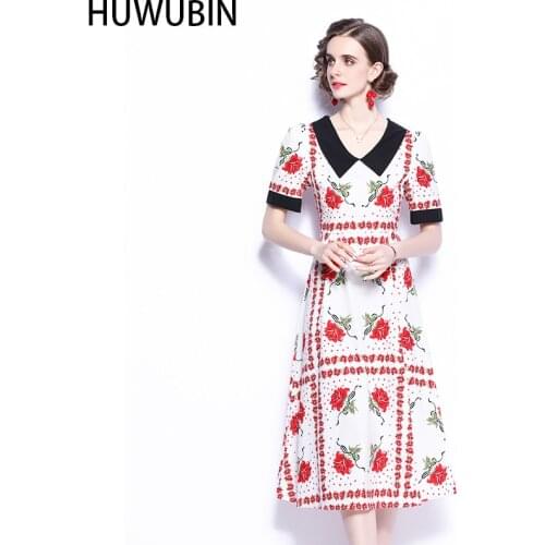Summer New French Rose Embroidery Print Lapel Sweet Decor Medium Length Hepburn Retro Light Mature Style Fashion Elegant Dress