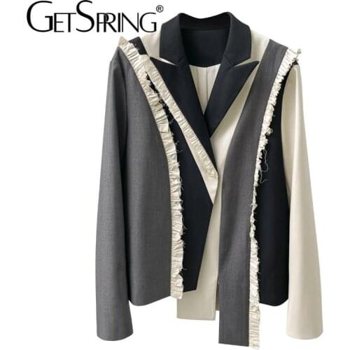 Getspring Women Blazer Irregular Color Matching Ruffle Patchwork Fashion Blazers And Jackets Asymmetry Vintgae Female Blazer
