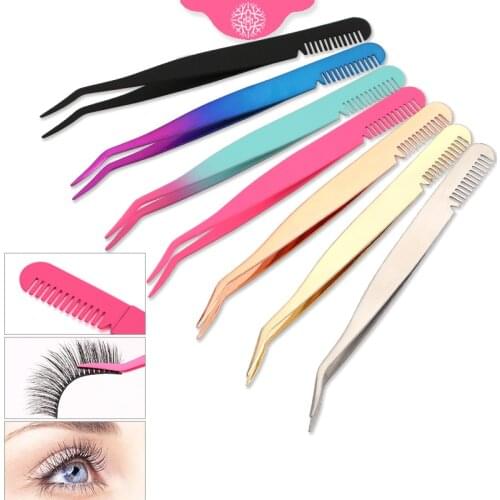 Stainless Steel False Eyelashes Tweezers Professional Eyebrow Tweezer With Comb Double Use Lashes Extension Beauty Makeup Tools