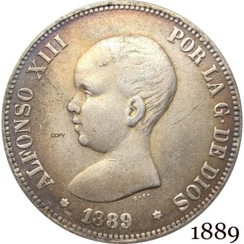 Spain 1889 MP 5 Pesetas Alfonso XIII 1st portrait The crowned Spanish Coat Of Arms With Pillars Silver Plated Copy Coin