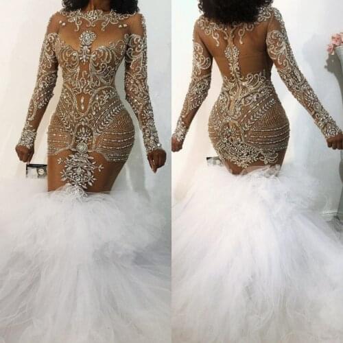 Sparkly Illusion Mermaid Prom Dresses 2021 Arabic African Luxurious Beaded Crystal Long Sleeve Women Formal Evening Party Gowns