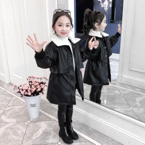 Baby Girls PU Leather Winter Single Breasted Solid Warm Outwears Childrens Clothing Fashion Turn Down Collar Jacket Coats Q116