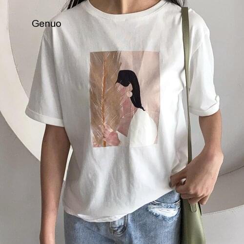 Summer Abstract Graphic Tees Fashion Character Printing T-shirts Summer Tops Woman Short Sleeve White T-shirts Korean Clothes