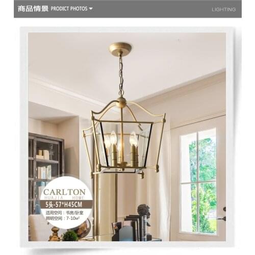 American country chandelier restaurant lamp wrought iron retro gold matte black square simple creative entrance hall lamp