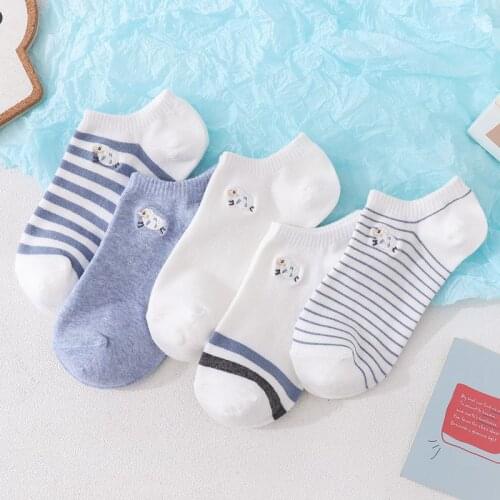 Cute Striped Sheep Cotton Socks Lady Light Blue Embroidered Kawaii Summer Ankle Short Socks Women Casual Soft Funny Boat Socks