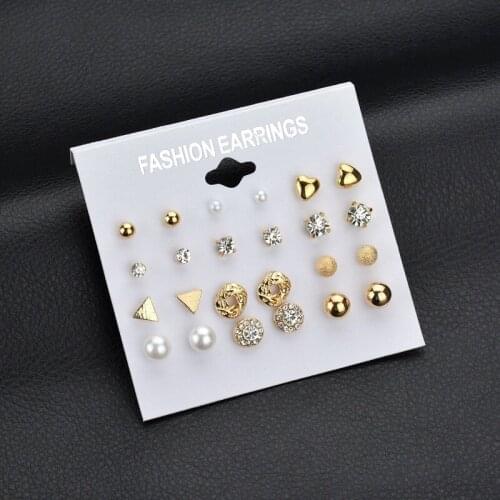 Fashion Korean Jewelry Explosions Set Earrings 12 Pairs/set of Square Imitation Zircon Earrings Peach Heart Earrings