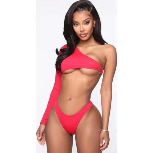 2021 New Beach Bikini Beach Products Long-sleeved Solid Color High Waist One-shoulder Sexy Womens Fashion Swimsuit