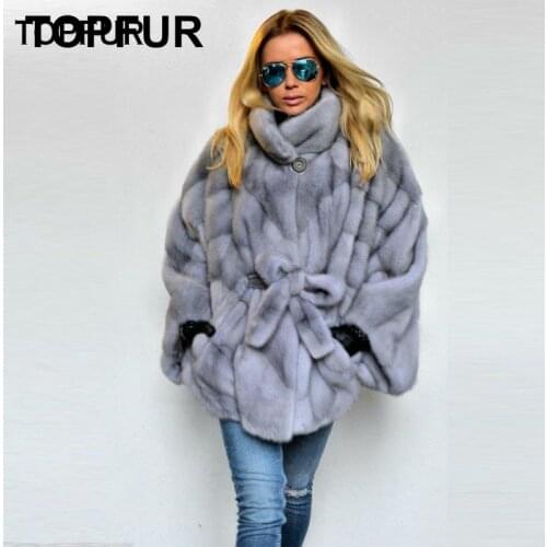 TOPFUR 2020 New Coming Real Mink Fur Coats Womens Bat Type Long Fur Coat With Stand Collar Popular Cool Girls Mink Fur Outwear