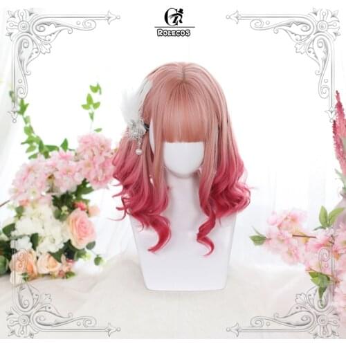 ROLECOS Lolita Cosplay Wig Headwear Pink Air Bang Hair Raspberry liqueur Cosplay Wig Heat Resistant Synthetic