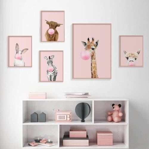 Sweet Girl Bubble Elephant Giraffe Poster Animal Wall Art Canvas Nursery Print Painting Nordic Kid Baby Room Decoration Picture