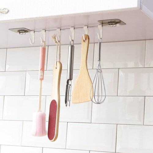 Self-adhesive Wall Rack With Six Hooks Kitchen Tableware Cutlery Hanging Rack Bathroom Hanger Cabinet Door Holder Organizer