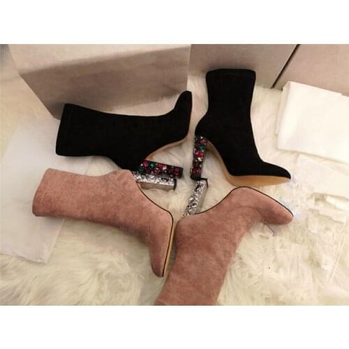 Sestito Women Newest Designer Bling Crystal Square Heels Ankle Boots Lady Round Toe Suede Short Boots Girls Slip-on Dress Shoes