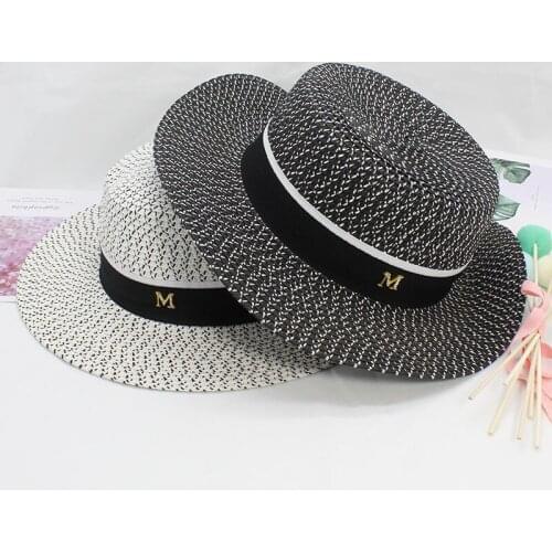 Straw Hat Ribbon Boater Beach Hat M Letter Flat Top 2021 Beach Hats Women Summer Hat Fedora Panama Hat Ladies Travel