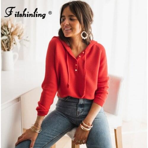 Fitshinling Buttons Hooded Sweater Women Tops Knitwear Red Fashion Boho Vintage Jumper Long Sleeve Solid Pullover Female Winter