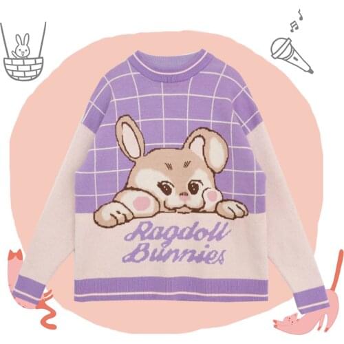 Rag doll Rabbit Cute Womens Knitted Sweater Pink Purple Patchwork Pullovers Long Sleeve Fall,Winter Sweaters Cute Girls