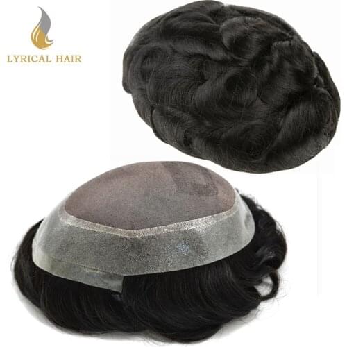 Fine Mono Skin Mens Toupee Clear Poly PU Around Hairpiece #1B Off Black Human Hair Replacements System Wigs for Men