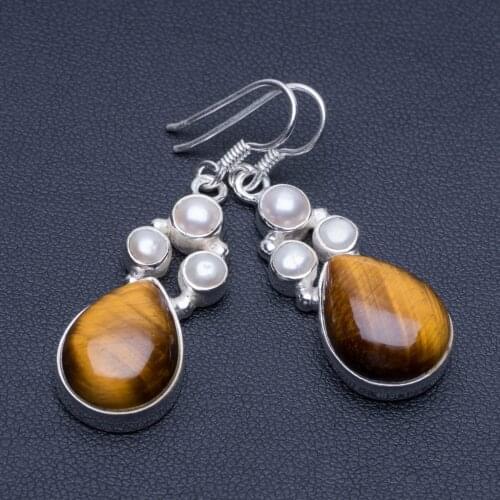 Natural Tiger Eye and River Pearl Unique Punk Style 925 Sterling Silver Earrings 1 3/4" P1702