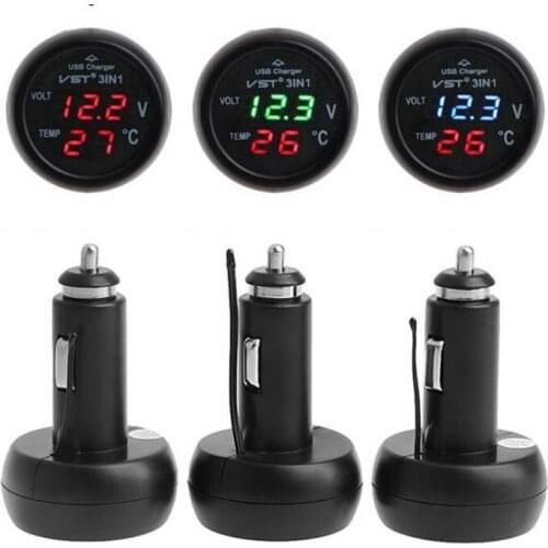 USB Car Charger 5.0V 2.1A 3 in 1 Digital Voltmeter Thermometer 12V 24V Cigarette Lighter (only blue and red color)