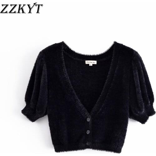 ZZKYT 2021 Women Summer Fashion Solid Cropped Cardigan Sweater Vintage V-Neck Short Sleeve Single Breasted Female Outwear Tops