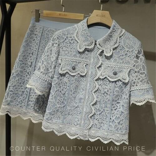 Office Lady Lace Two Piece Set Women Floral Crochet Summer Blouse + High Waist Mini Skirts Set Sweet Shirts Suit Elegant B293