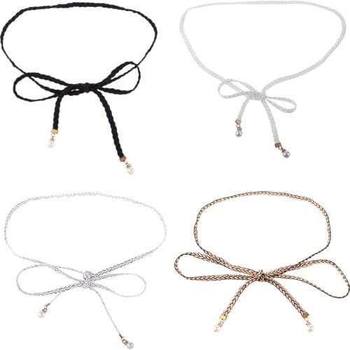 Women Thin Weave Leather Tassel Self Tie Belt Ladies Braided Skinny Rope Waistband Ladies Pearls Waist Belt