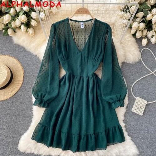 ALPHALMODA 2021 New Autumn Chiffon Dress V-neck Puff Sleeve Polka Dot Women Chic Dresses Ladies Solid Fashion Dresses