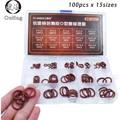 100pcs Brown FKM O Rings Rubber Washer Sealing O-rings Set Assortment 15Sizes O ring Seal Kit Flexible Gasket Box Oil Ring
