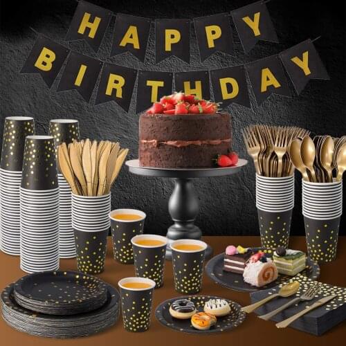 Black Gold Party Supplies Disposable Dinnerware Paper Plates Cup Gold Spoon 2022 Graduation Party Decor for Birthday Party decor