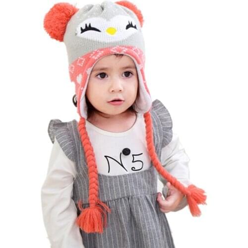 Cartoon Cat Baby Hat For Girls Winter Warm Velvet Beanie Ear Protect Knitted Kids Hat Thick Crochet Baby Girls Hat With Pompoms