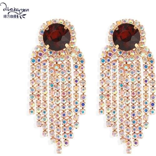 Dvacaman Shine AB Stone Fringed Tassel Pendant Earrings Women Crystal Bib Statement Earrings Bridal Jewelry Wholesale Party Gift