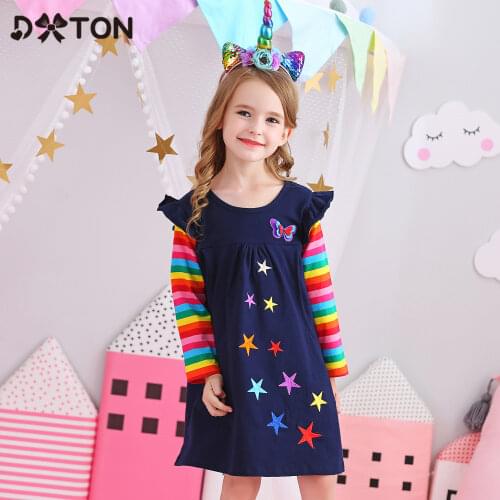 Dxton Girls Long Sleeve Dress Children Winter Clothing Rainbow Kids Dresses Butterfly Dress for Girls Baby Girl Clothes 2-8 Year