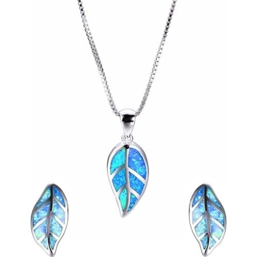 Fashion Leaves Design Jewelry Set Blue Imitation Fire Opal Pendant Necklace With Earrings For Women Accessories Party Loves Gift