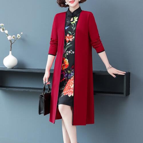 Middle-aged Women Dress Sets Fashion Chinese Style Noble Cheongsam Dress Cardigan Trench Coat + Prined Dress Two Piece Suit 2347