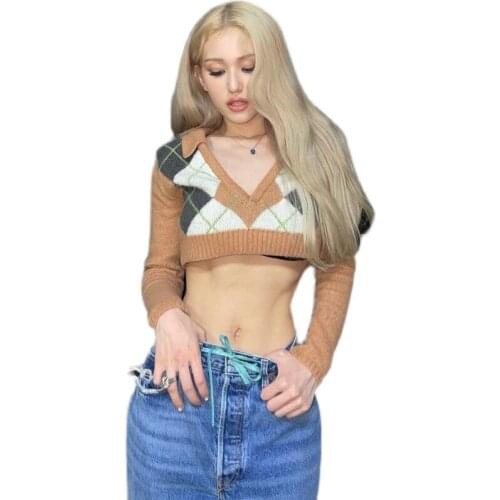 Kpop Korean Sexy Plaid Pullover V-neck Sweater Women Autumn Tops Slim Women Short Long Sleeves Knitted Crop Sweater Tops Jumper