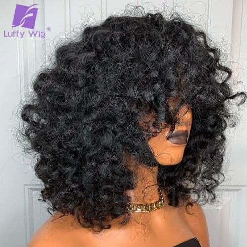 Short Bouncy Curly Human Hair Wig For Black Women Brazilian Remy Hair Curly Bob Wigs With Bangs Glueless 200 Density LUFFY