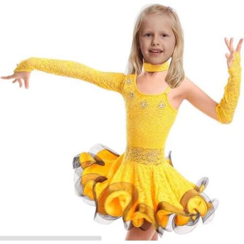 Unequal Lace Girls Latin Dance Dress Children Fancy Dress Kids Ballroom Dance Wear Salsa Tango Rumba Samba Costume