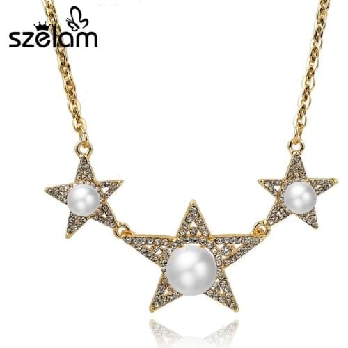MELIHE High Quality Austrian Crystal Star Simulated Pearl Necklaces Pendants Gold Color Chain Bijoux For Women Gift Sne150813